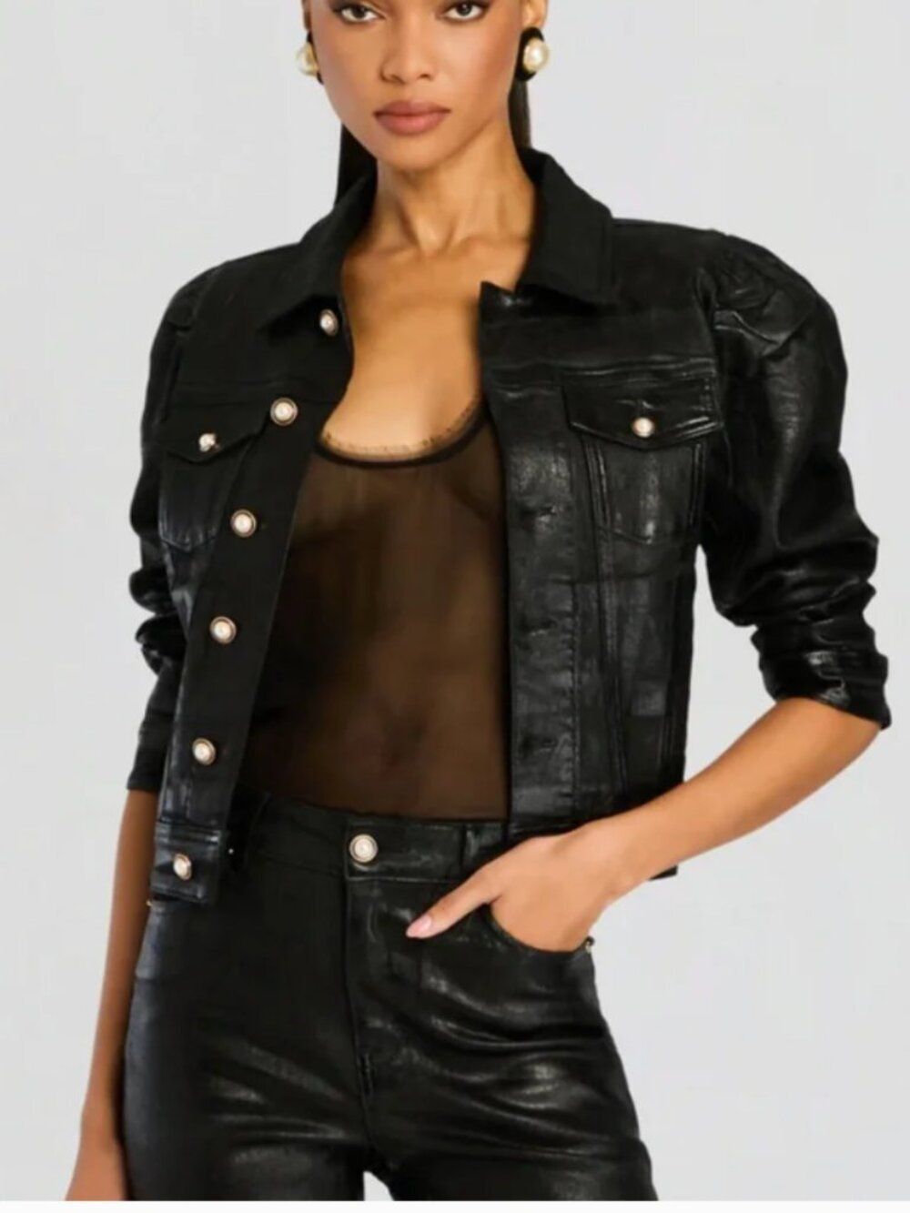 Retrofete Puff sleeve Ada Leather Cropped Jacket Black Size X-Large